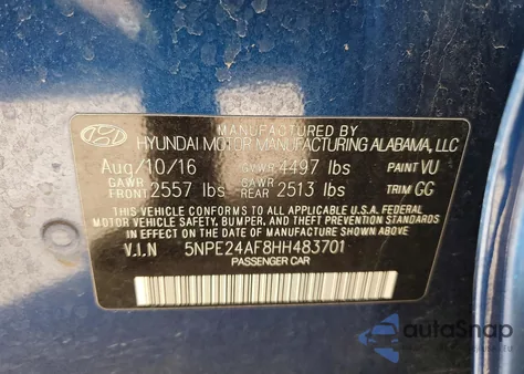 2017 Hyundai Sonata Se from USA, damaged, VIN 5NPE24AF8HH483701